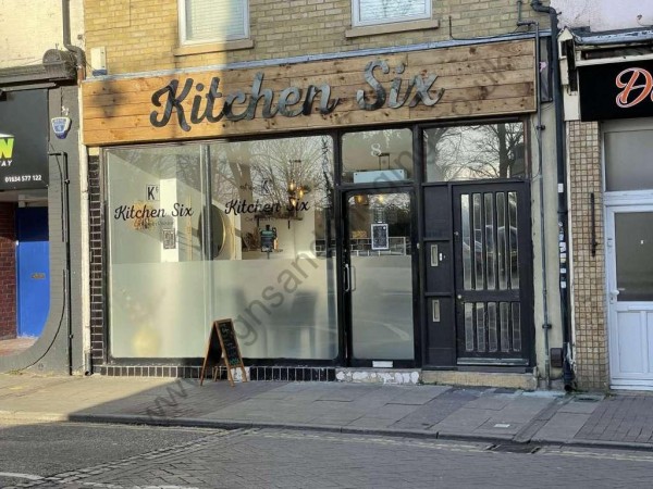 Kitchen Six wooden fascia & stood off letters with window graphics (2)