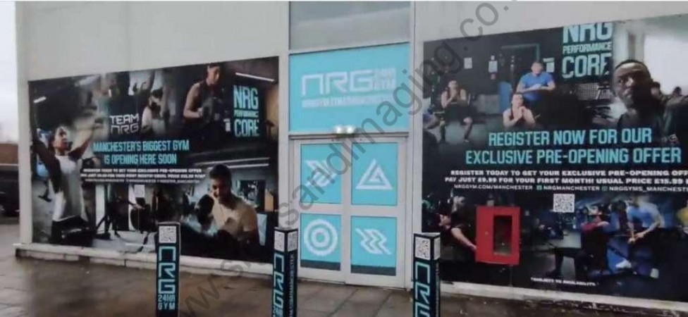 NRG Gym Manchester temporary entrance graphics